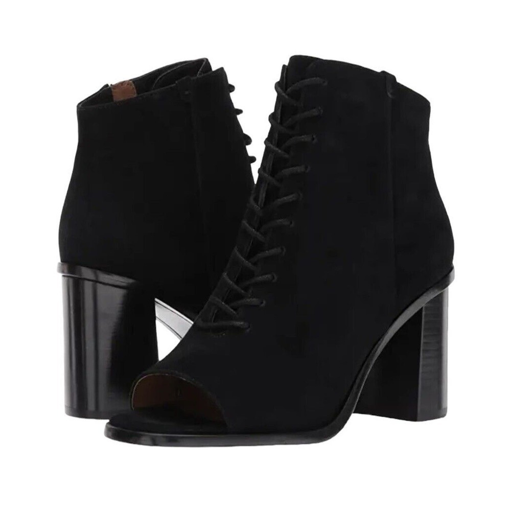 Frye Amy Peep Toe Lace Up Side Zip Booties Womens Size 8 Suede Black NWOB $398
